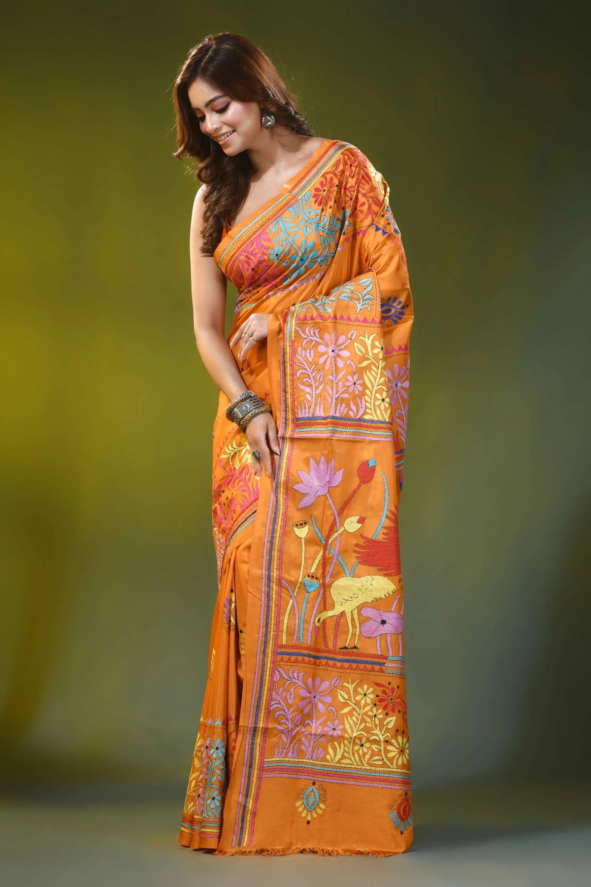 Orange silk kantha saree with hand embroidered bird floral motif 3
