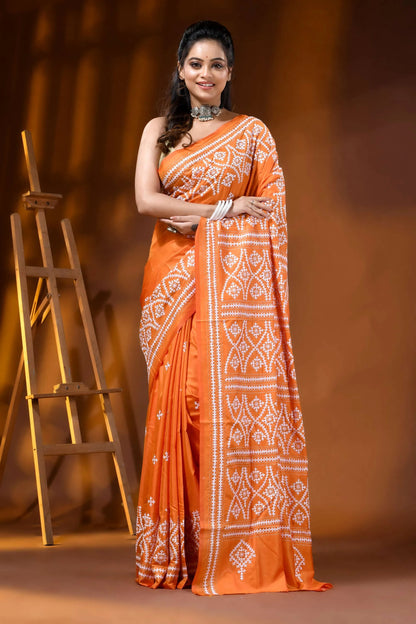 Orange silk kutch embroidery saree handmade ethnic motif 1