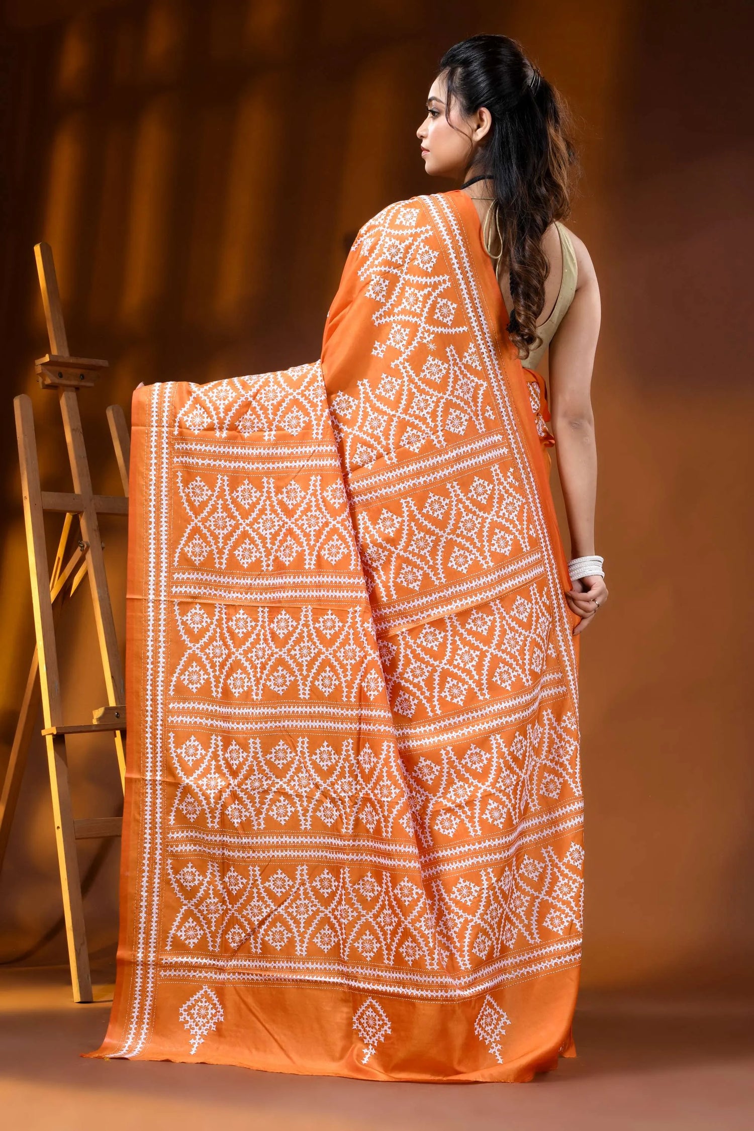 Orange silk kutch embroidery saree handmade ethnic motif 4