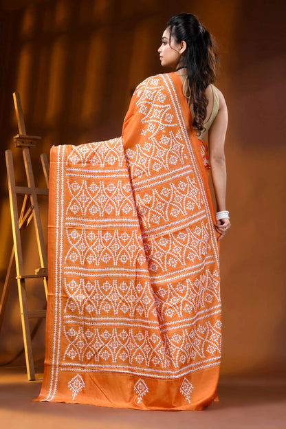 Orange silk kutch embroidery saree handmade ethnic motif 4
