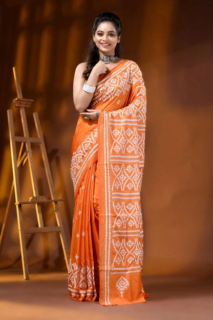 Orange silk kutch embroidery saree handmade ethnic motif 6