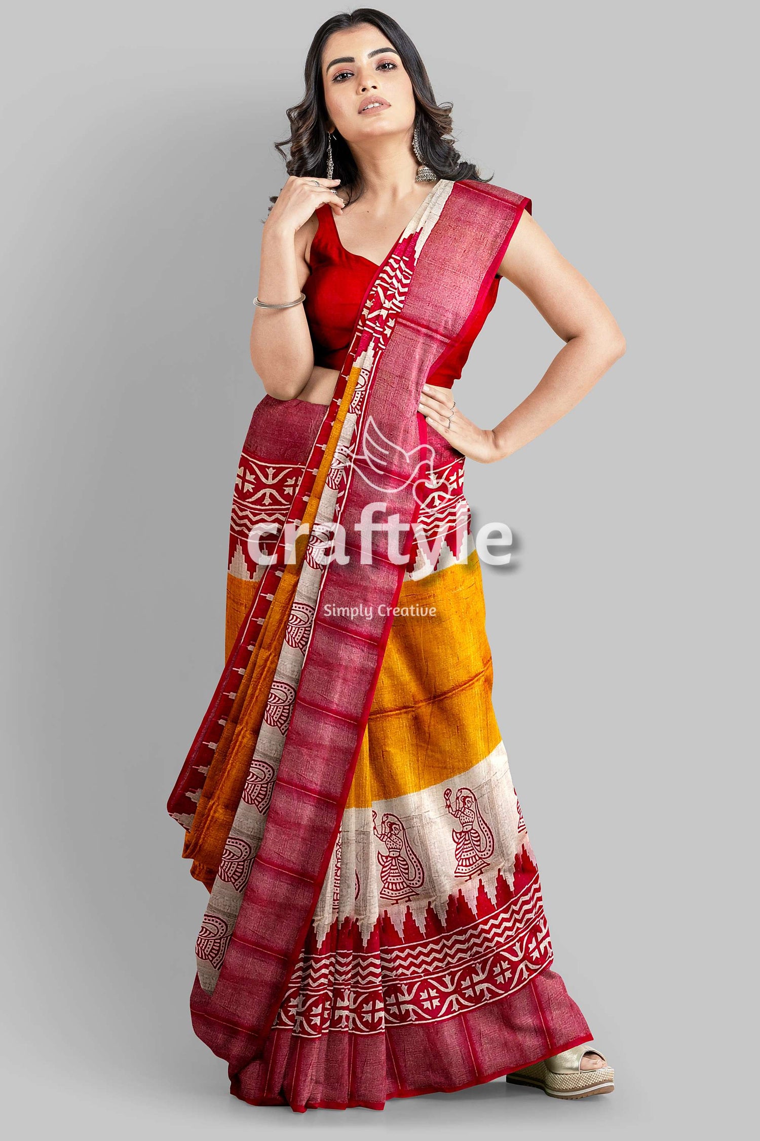 Orange Yellow Hand Block Print Zari Border Pure Tussar Saree - Craftyle