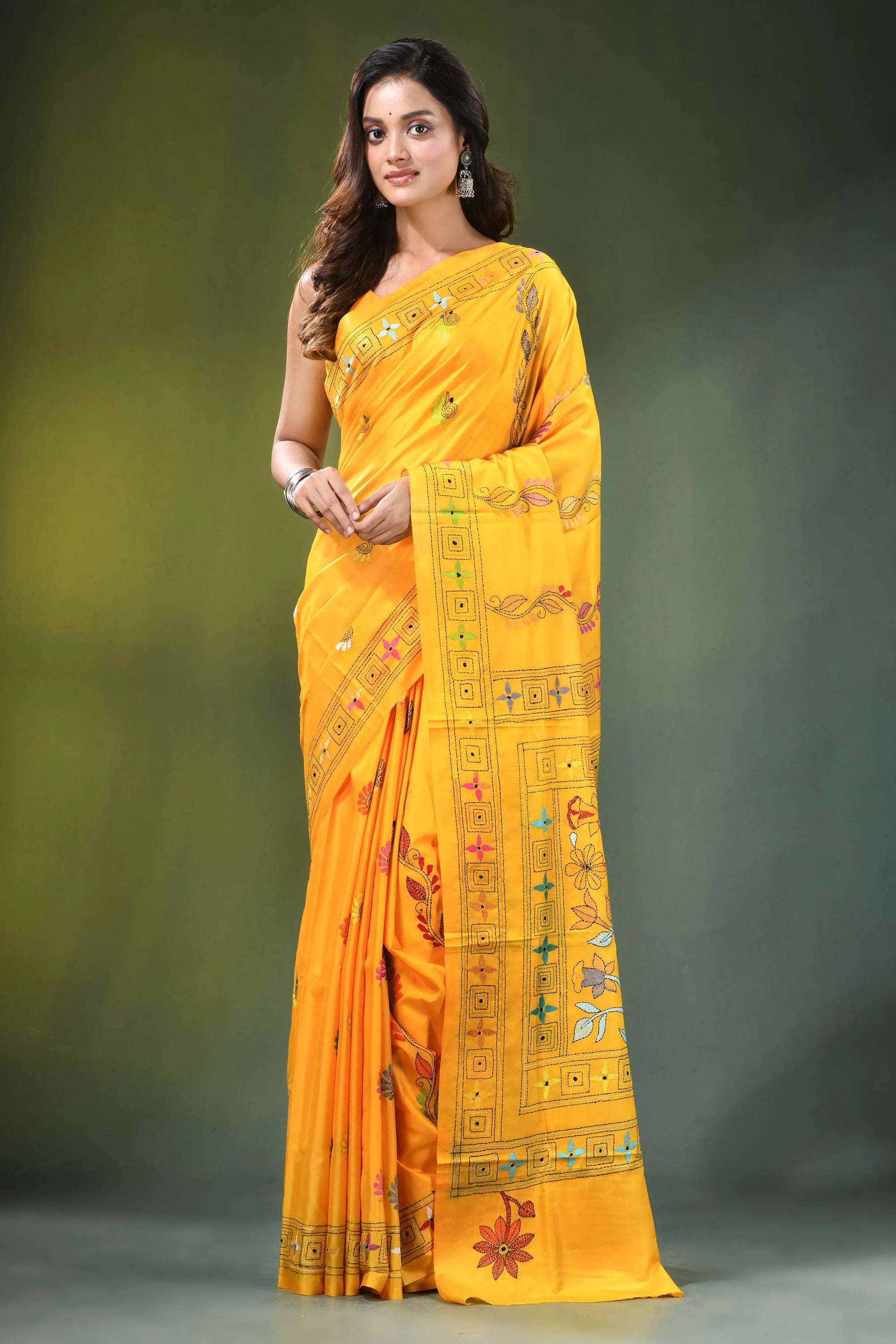 Orangey yellow handcrafted floral design kantha stitch silk saree vibrant intricate embroidered 6
