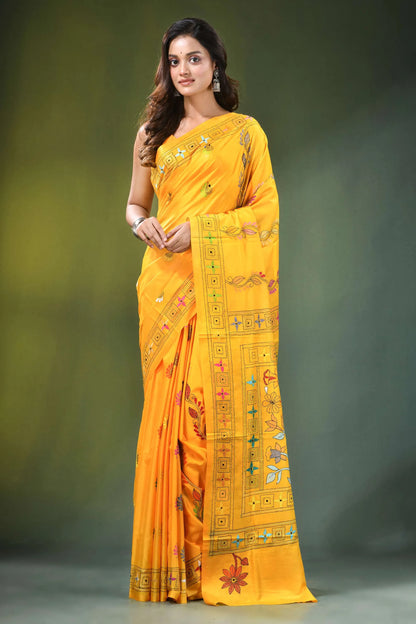 Orangey yellow handcrafted floral design kantha stitch silk saree vibrant intricate embroidered 6