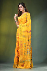 Orangey yellow handcrafted floral design kantha stitch silk saree vibrant adorned intricate 3