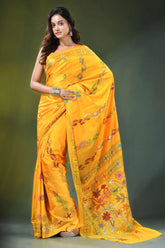 Orangey yellow handcrafted floral design kantha stitch silk saree vibrant adorned 4