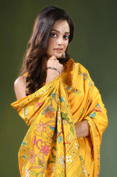 Orangey yellow handcrafted floral design kantha stitch silk saree vibrant embroidered dupatta intricate 2