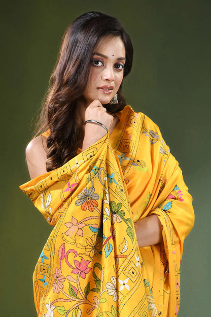 Orangey yellow handcrafted floral design kantha stitch silk saree vibrant embroidered dupatta intricate 2
