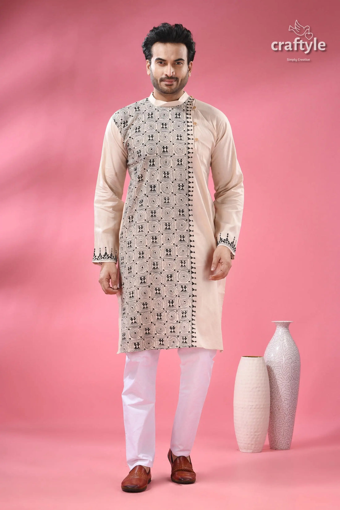 Orchid white black thread hand kantha work men’s kurta beige white embroidered kurta set 1