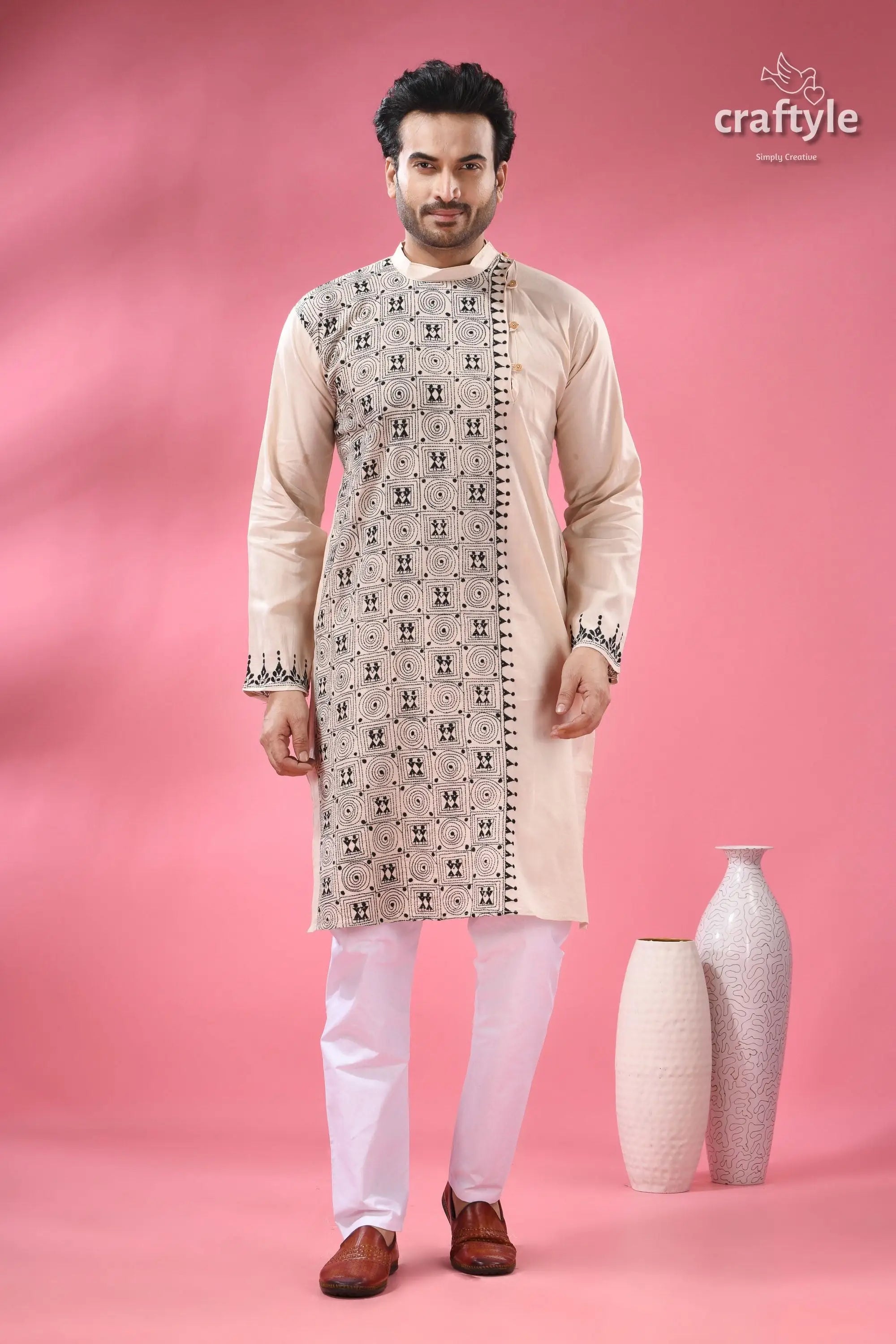 Orchid white black thread hand kantha work men’s kurta beige white embroidered kurta set 1