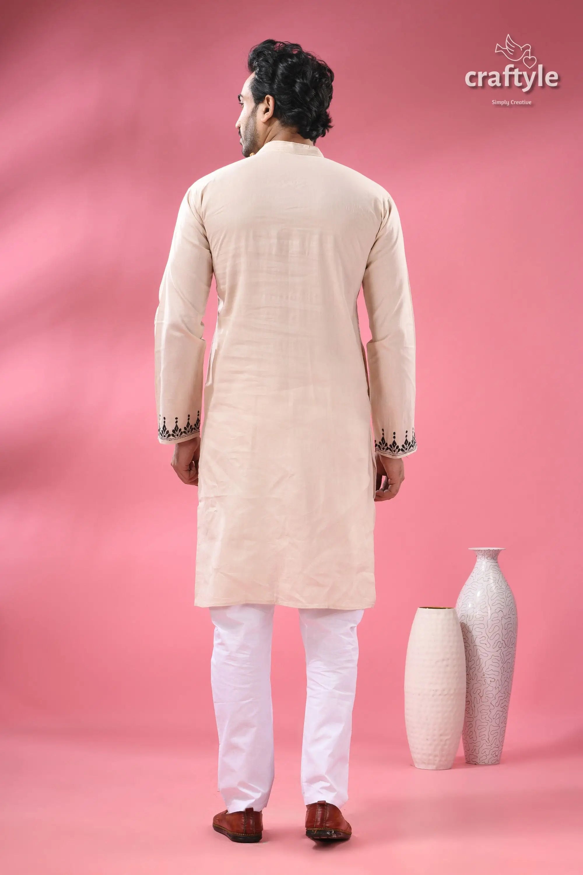 Orchid white black thread hand kantha work men’s kurta beige white traditional indian kurta 6