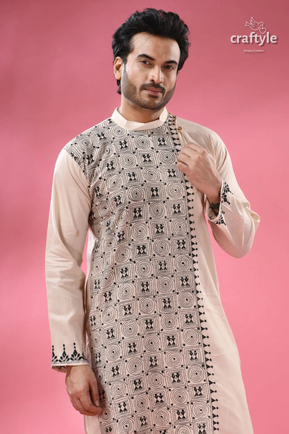 Orchid white black thread hand kantha work men’s kurta beige white patterned kurta intricate 2
