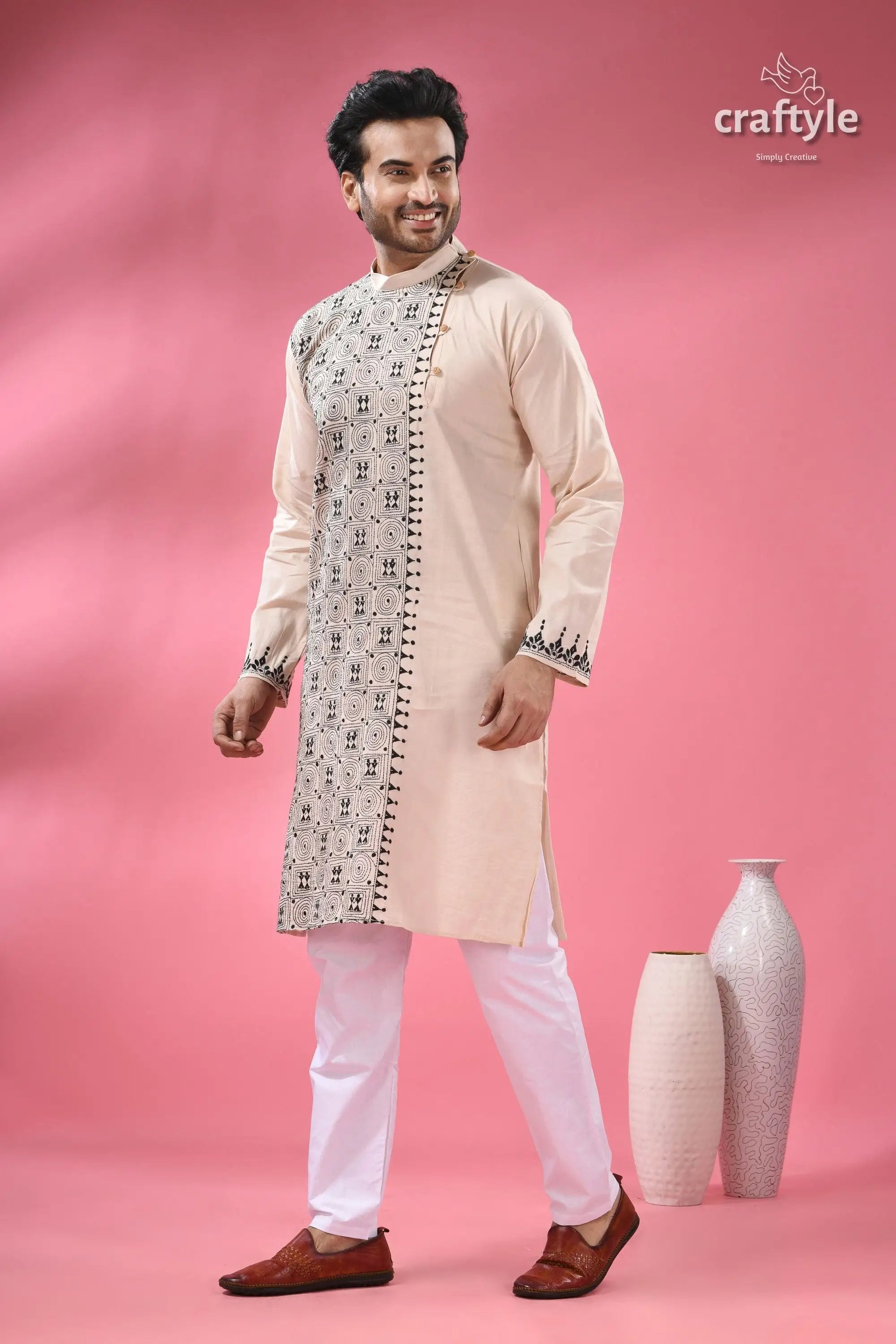 Orchid white black thread hand kantha work men’s kurta men’s pink white embroidered kurta 4