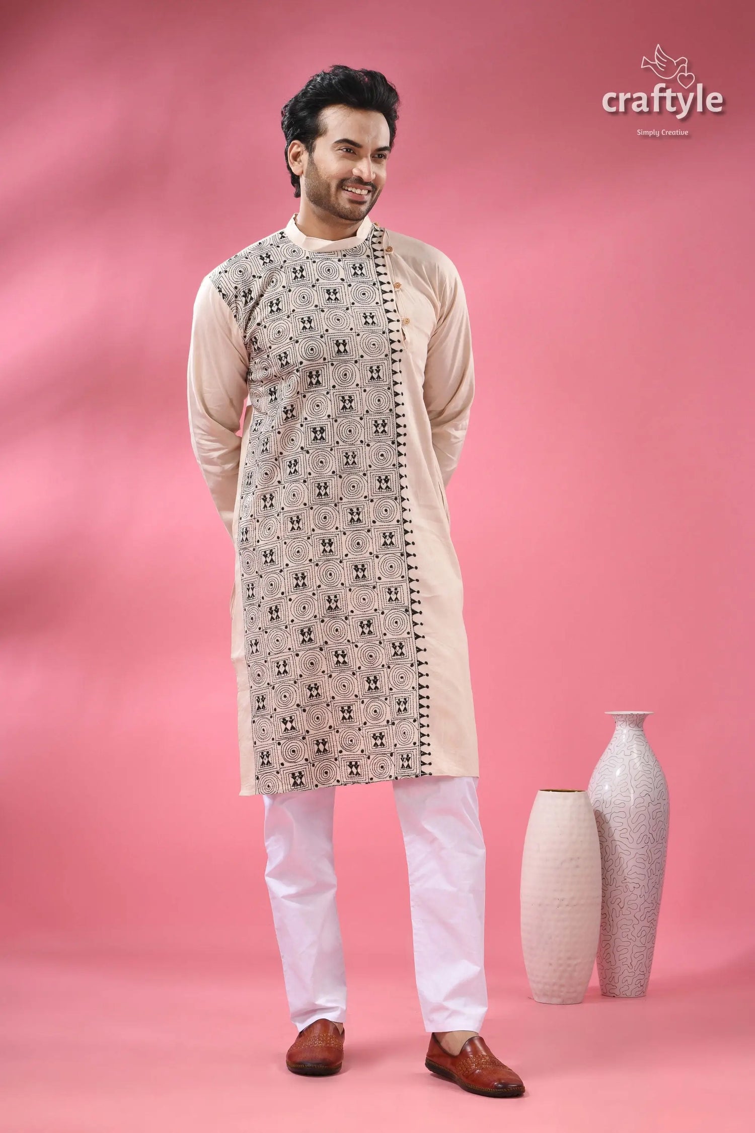 Orchid white black thread hand kantha work men’s kurta beige white embroidered kurta intricate 3