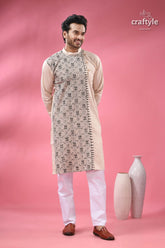 Orchid white black thread hand kantha work men’s kurta beige white embroidered kurta intricate 3