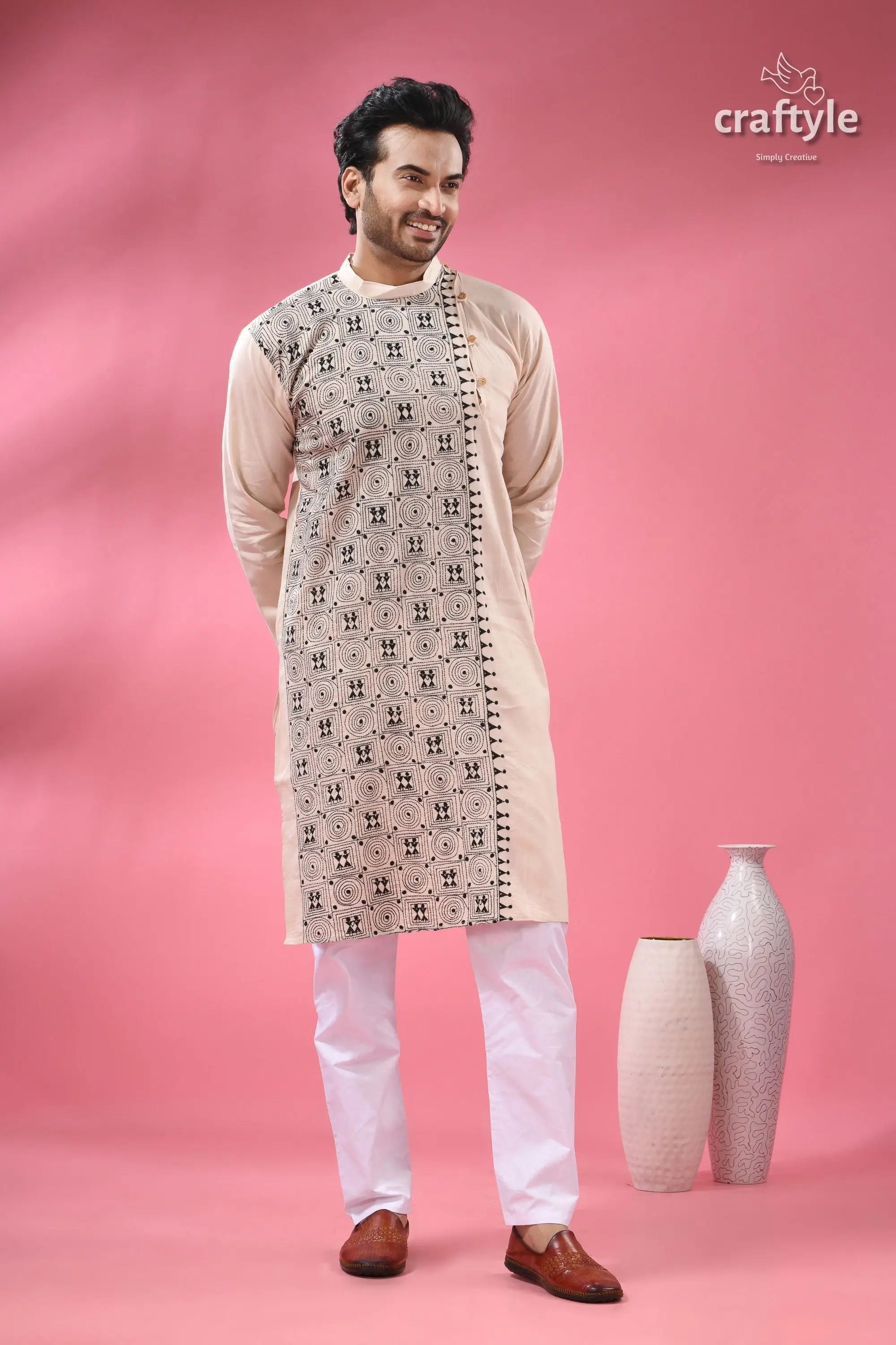 Orchid white black thread hand kantha work men’s kurta beige white embroidered kurta intricate 3