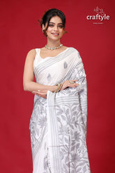 Oslo Gray and White Leaf Design Kantha Silk Saree-Craftyle