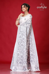 Oslo Gray and White Leaf Design Kantha Silk Saree-Craftyle