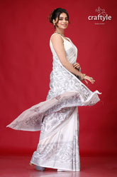 Oslo Gray and White Leaf Design Kantha Silk Saree-Craftyle