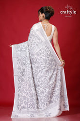 Oslo Gray and White Leaf Design Kantha Silk Saree-Craftyle