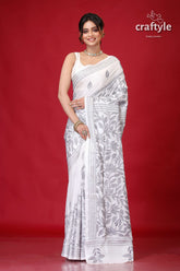 Oslo Gray and White Leaf Design Kantha Silk Saree-Craftyle