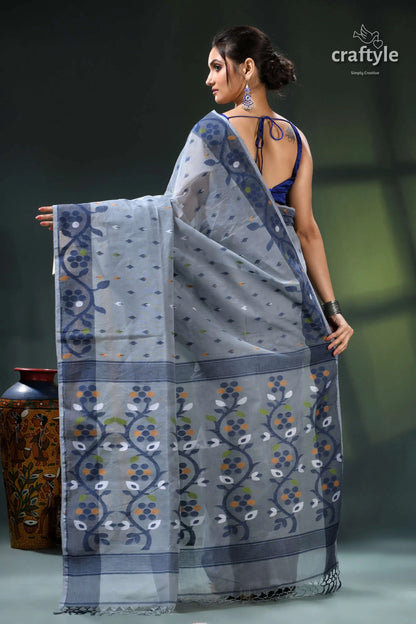 Oslo gray handloom cotton dhakai jamdani saree grey floral embroidered saree silver 5