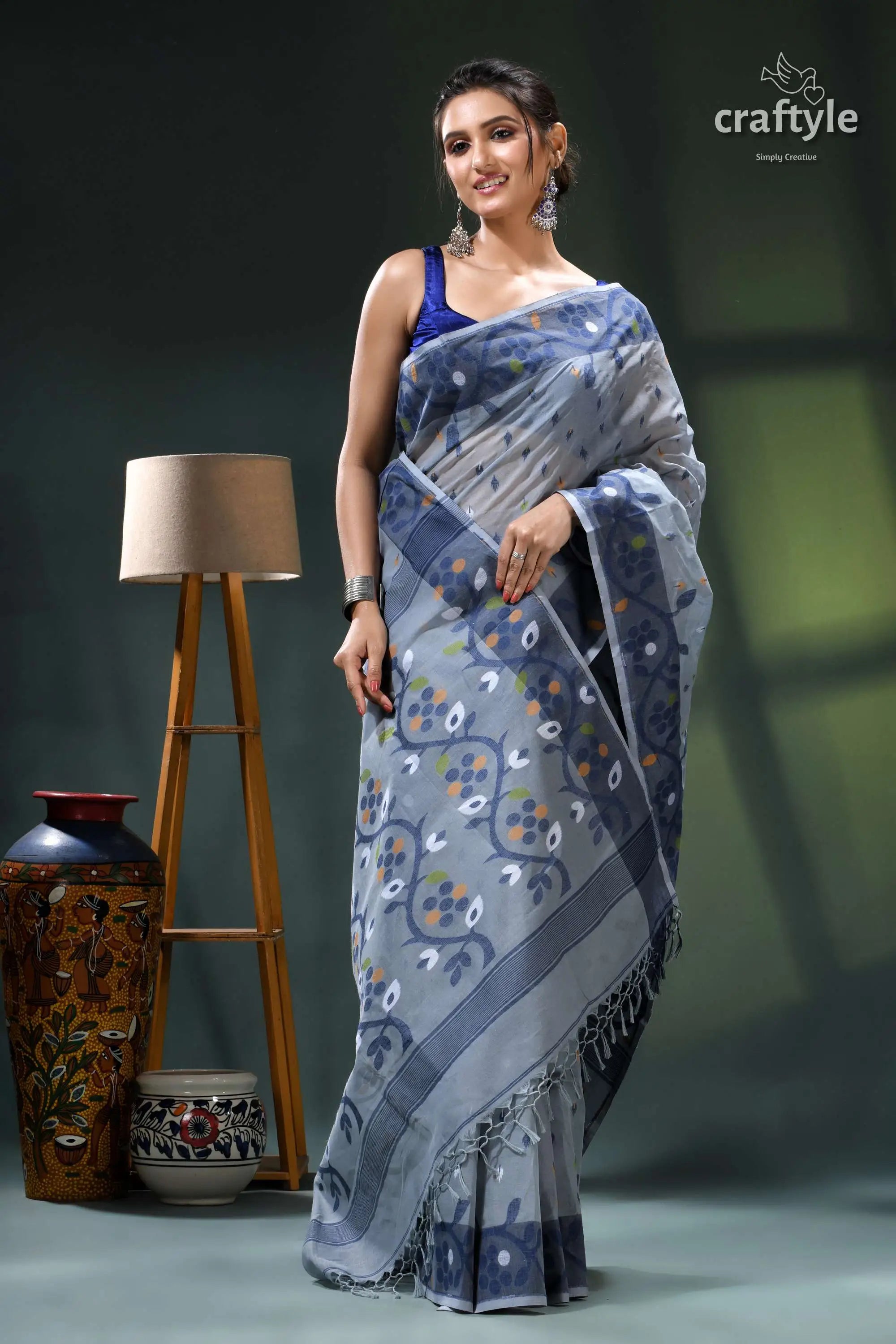 Oslo gray handloom cotton dhakai jamdani saree blue white skull patterned saree 4