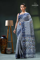 Oslo gray handloom cotton dhakai jamdani saree blue white floral patterned saree 1