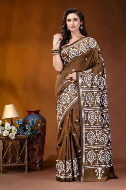 Otter brown ethnic motif handcrafted kutch embroidery silk saree brown silk saree intricate white 6