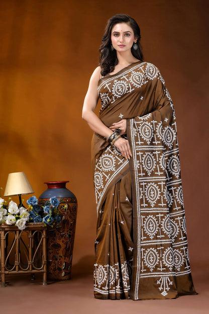 Otter brown ethnic motif handcrafted kutch embroidery silk saree brown silk saree intricate white 1