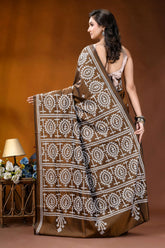 Otter brown ethnic motif handcrafted kutch embroidery silk saree brown silk saree intricate white 5