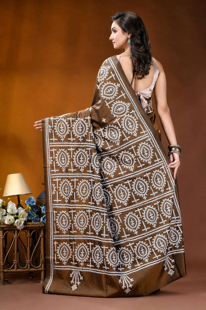 Otter brown ethnic motif handcrafted kutch embroidery silk saree brown silk saree intricate white 5