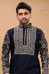 Oxford blue beige thread kantha work cotton kurta for men dark intricate white 2