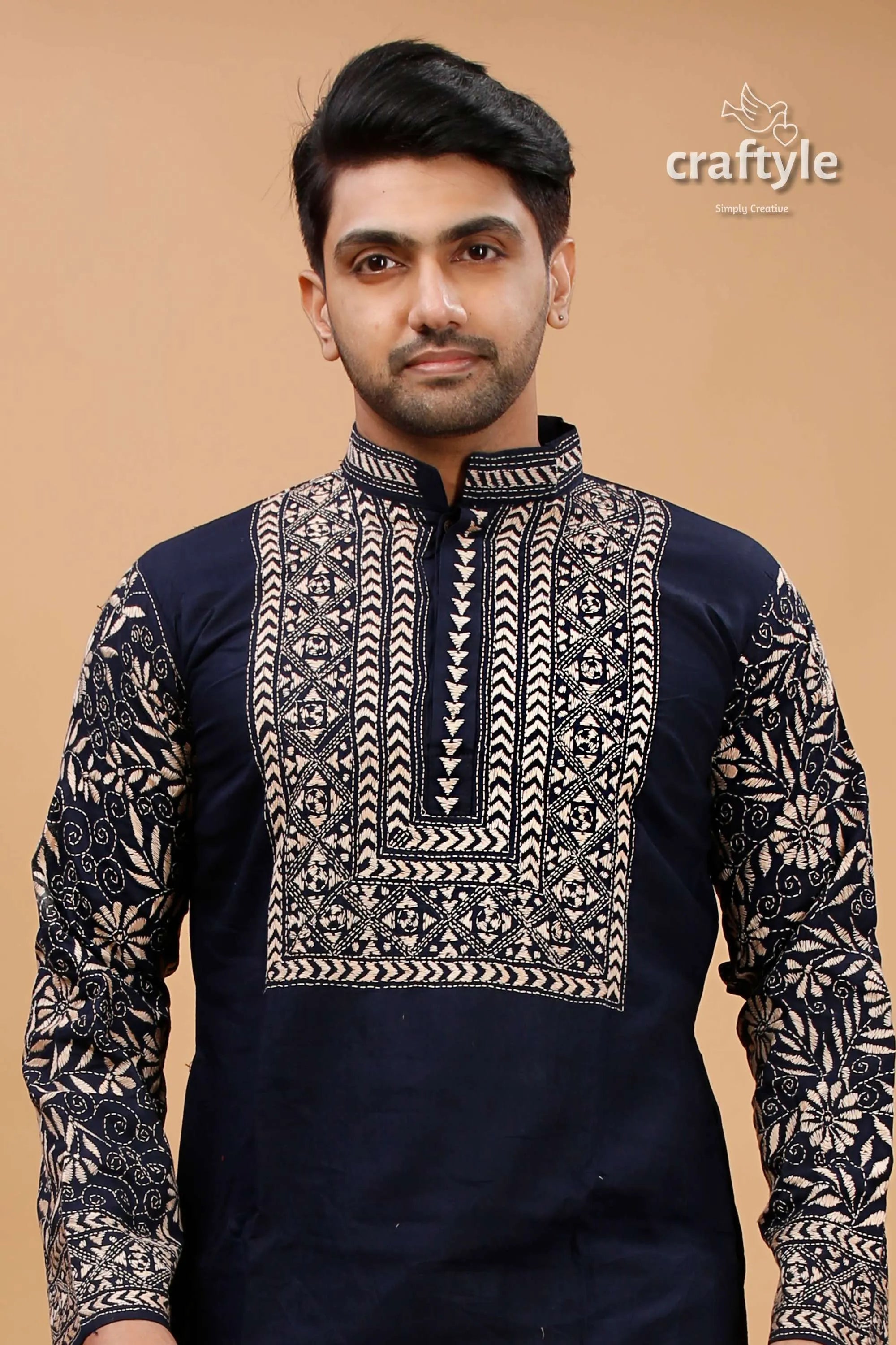 Oxford blue beige thread kantha work cotton kurta for men dark intricate white 2