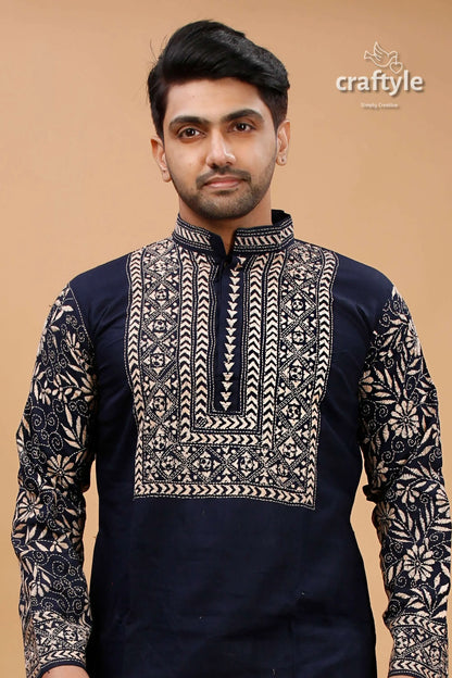 Oxford blue beige thread kantha work cotton kurta for men dark intricate white 2