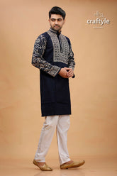 Oxford blue beige thread kantha work cotton kurta for men navy intricate black 4