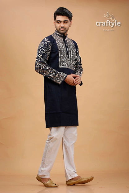Oxford blue beige thread kantha work cotton kurta for men navy intricate black 4