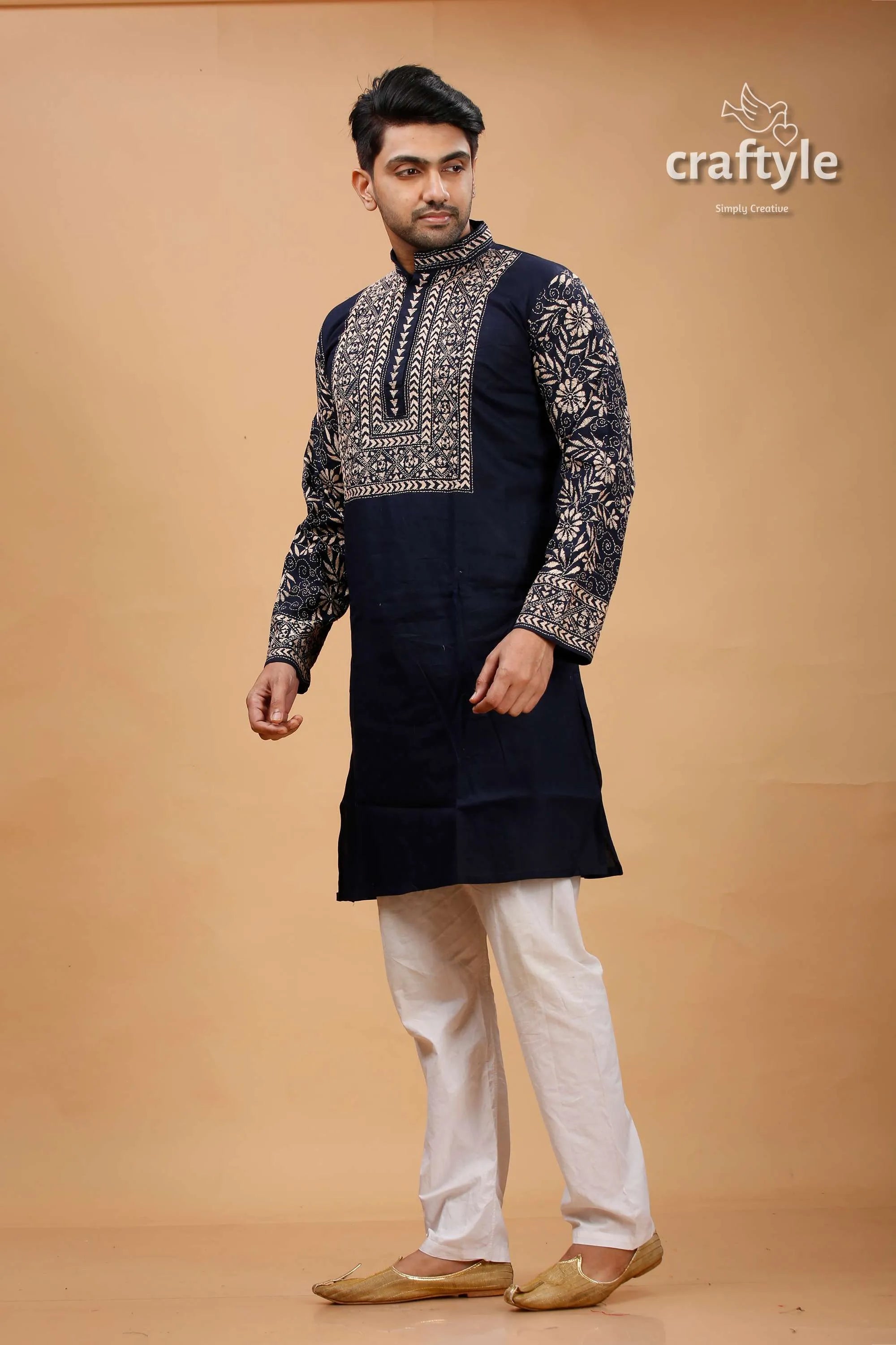 Oxford blue beige thread kantha work cotton kurta for men navy intricate white 3