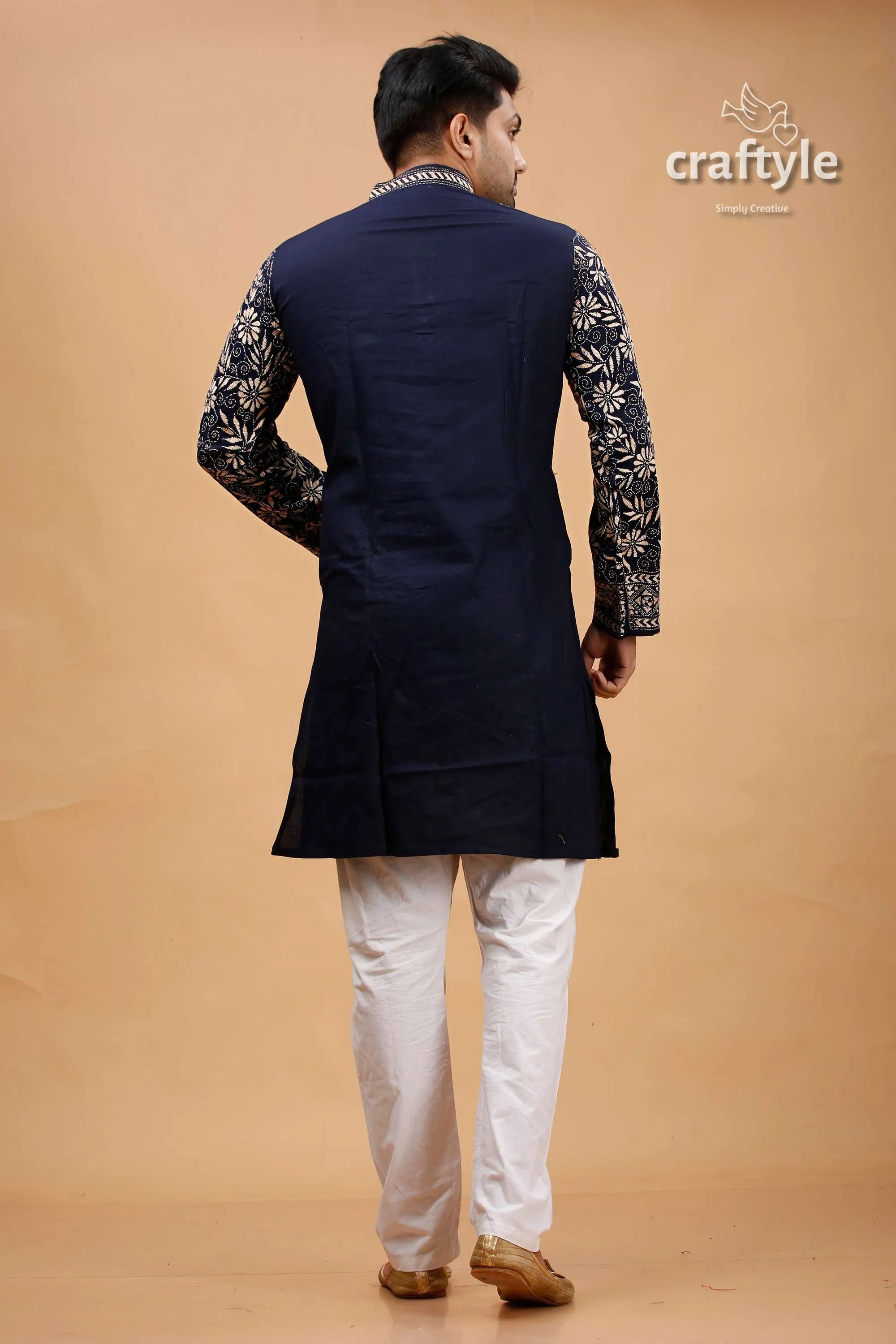 Oxford blue beige thread kantha work cotton kurta for men navy embroidered intricate 5