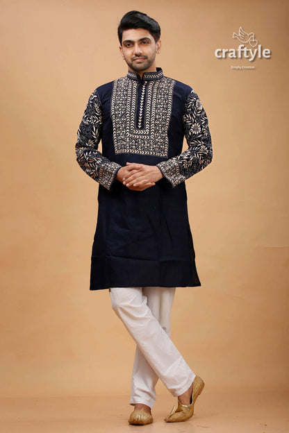 Oxford blue beige thread kantha work cotton kurta for men black embroidered intricate white 1
