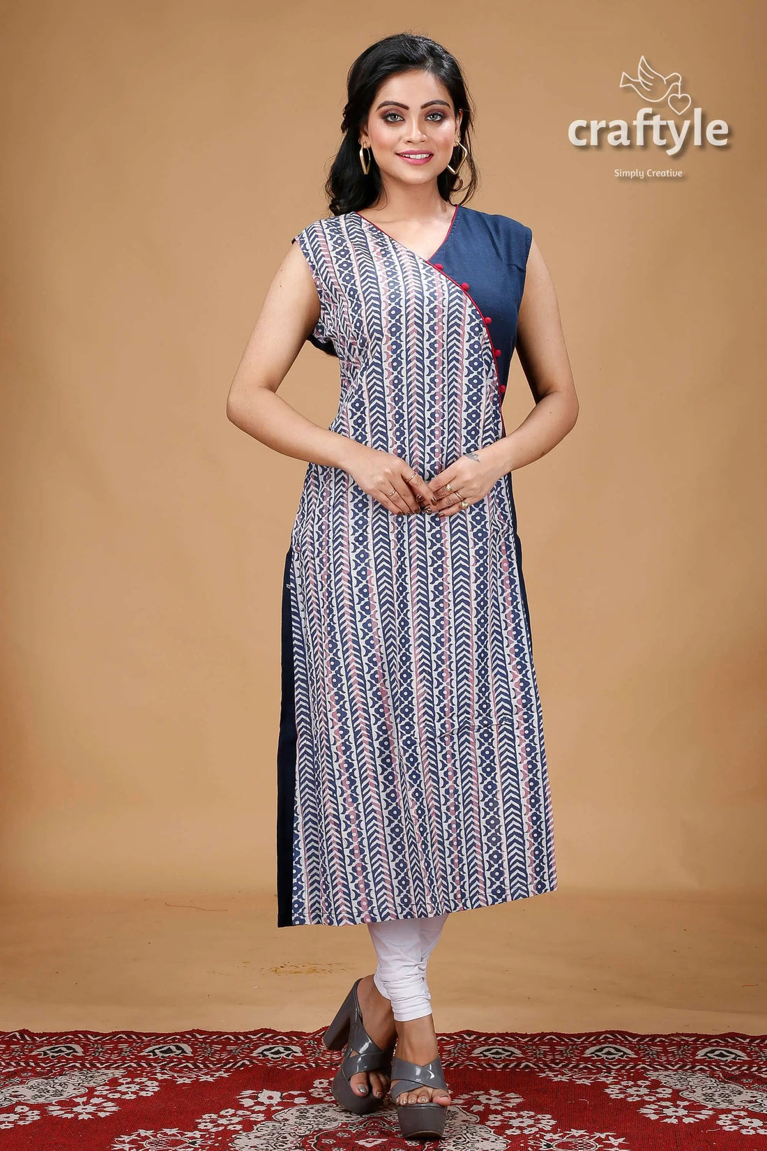 Oxford blue dabu print angrakha cotton kurti woman’s patterned kurta solid accent 2