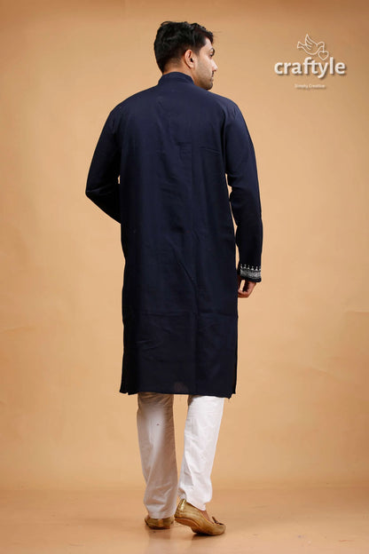 Oxford blue kantha stitch cotton kurta for men 5
