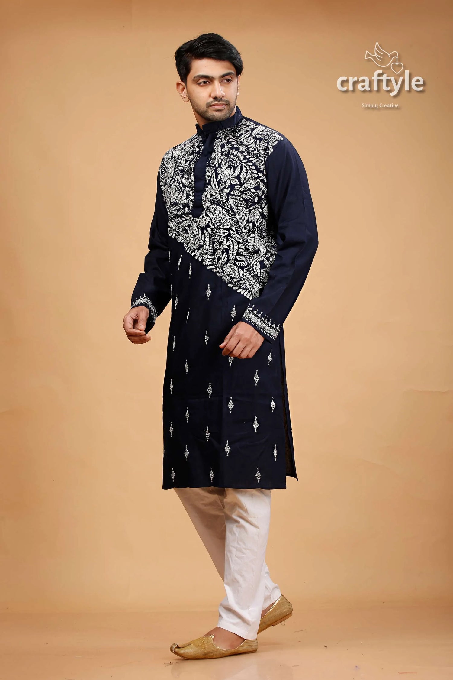 Oxford blue kantha stitch cotton kurta for men 3