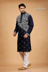 Oxford blue kantha stitch cotton kurta for men 3