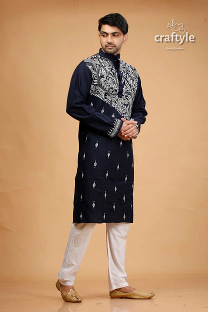Oxford blue kantha stitch cotton kurta for men 4