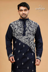 Oxford blue kantha stitch cotton kurta for men 2