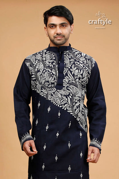 Oxford blue kantha stitch cotton kurta for men 2