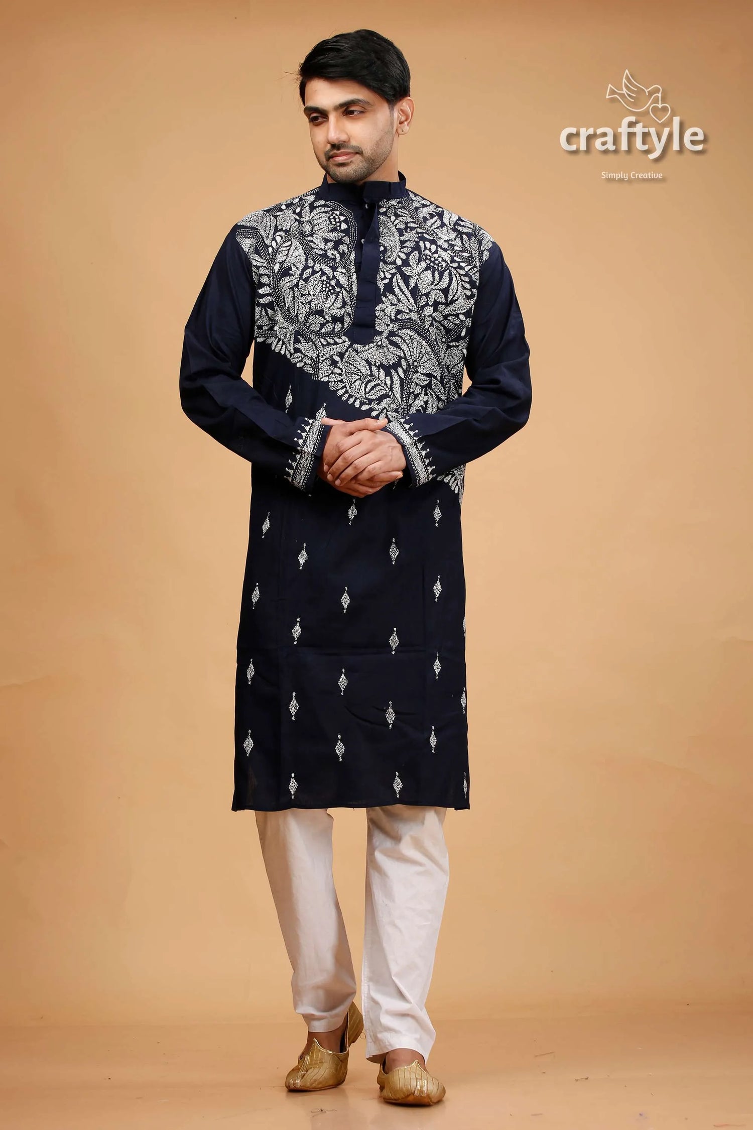 Oxford blue kantha stitch cotton kurta for men 1