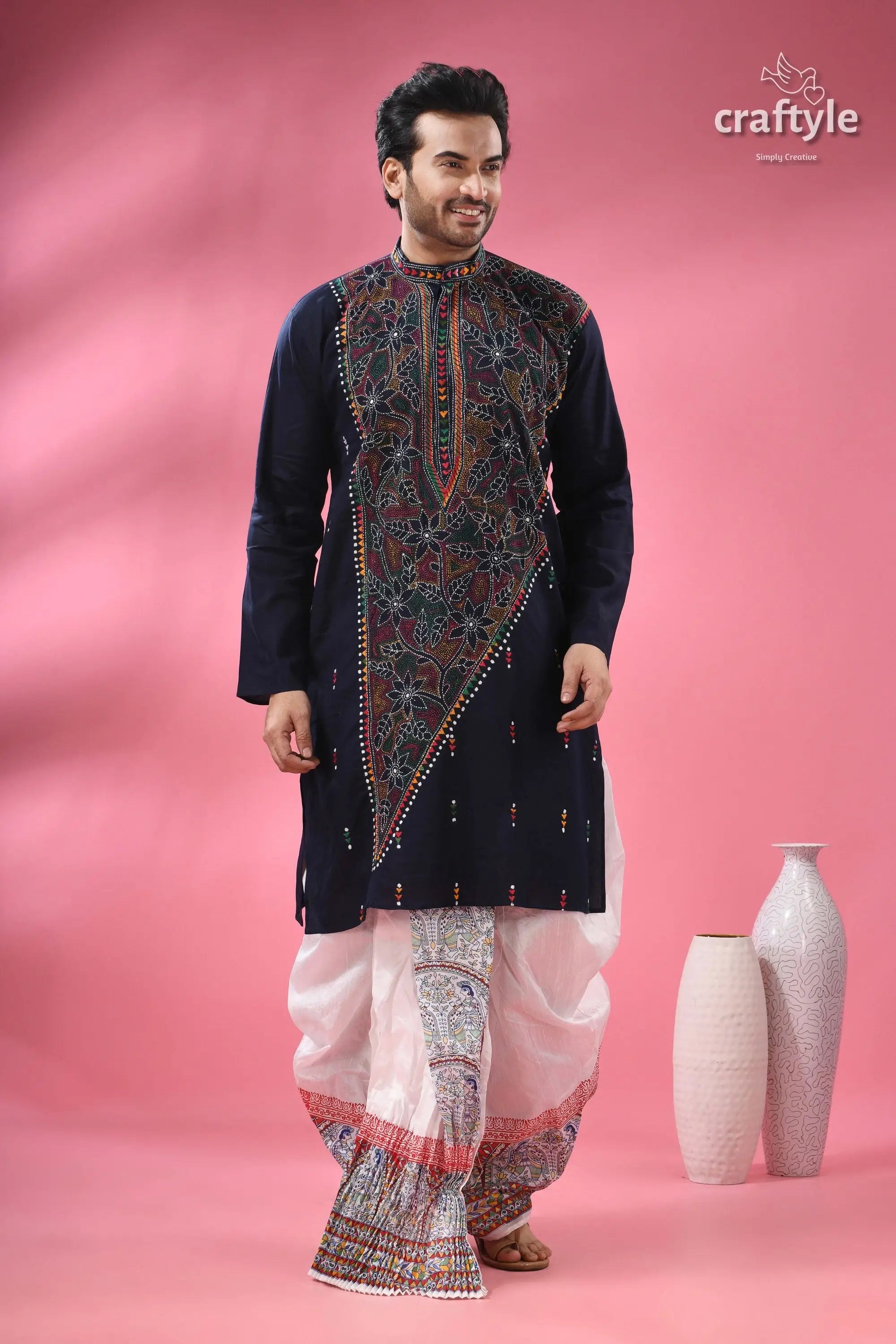 Oxford blue multicolor kantha hand embroidered gents kurta men’s navy blue embroidered kurta 1