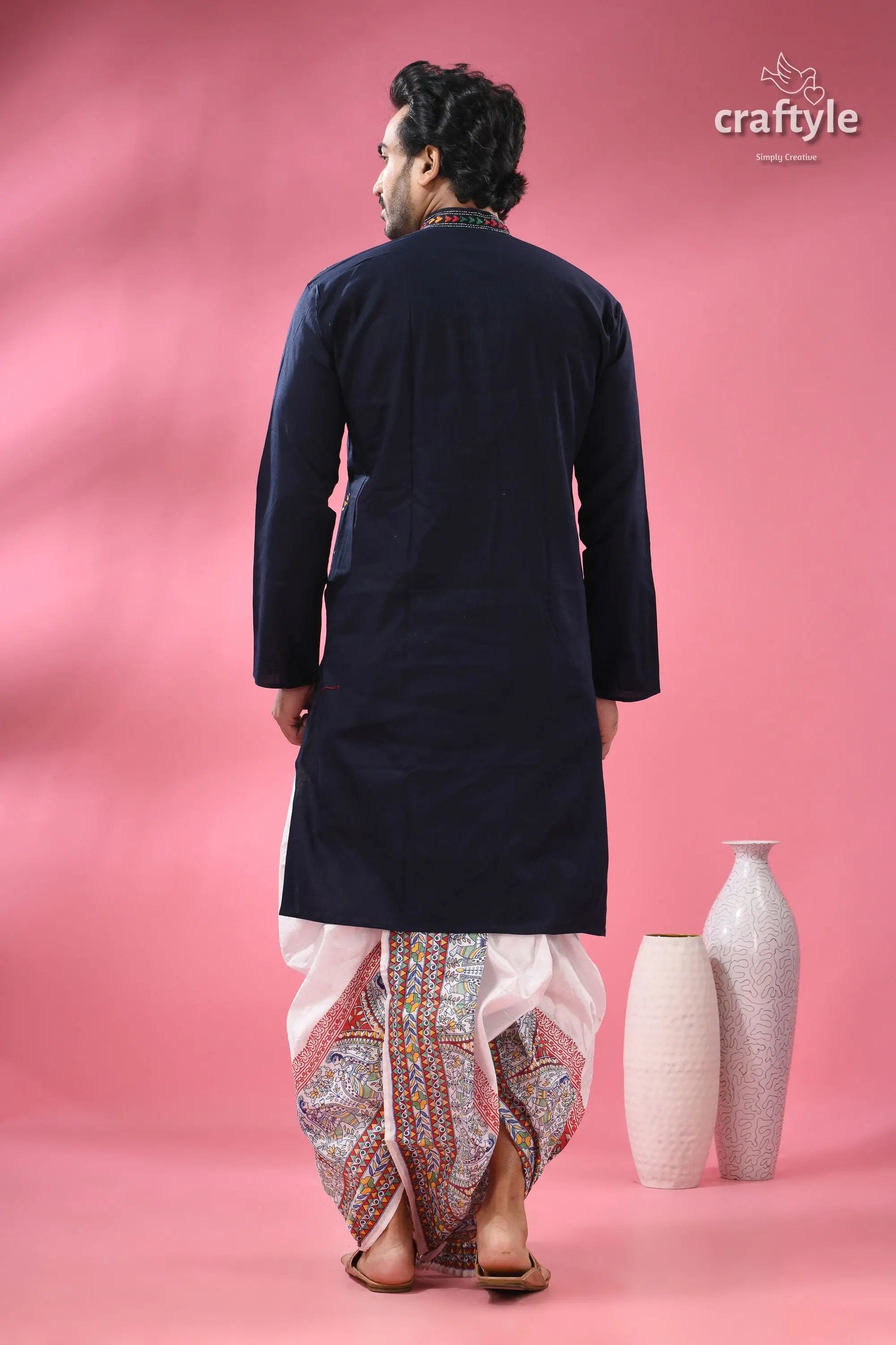 Oxford blue multicolor kantha hand embroidered gents kurta men’s navy blue kurta white 7